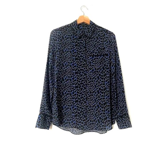 Proenza Schouler Silk Printed Long Sleeve Button-Up Blouse Top Black Blue Size 4 - Picture 1 of 10